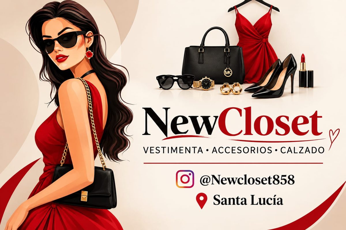 Ilustración de NewCloset: mujer con vestido rojo, cartera, zapatos y accesorios
